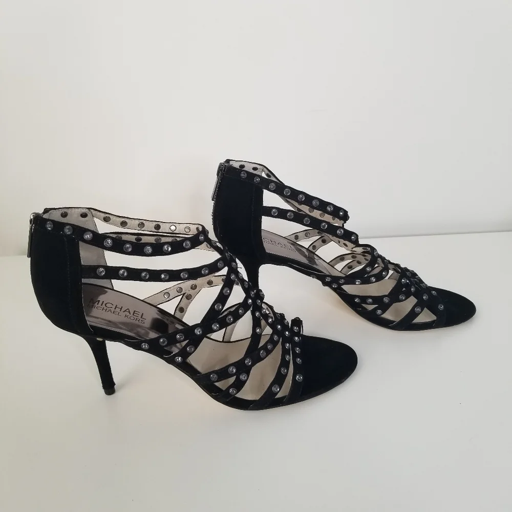 Michael Michael Kors Maddie Jeweled T-Strap Suede Peep Toe Heels Black Size 9